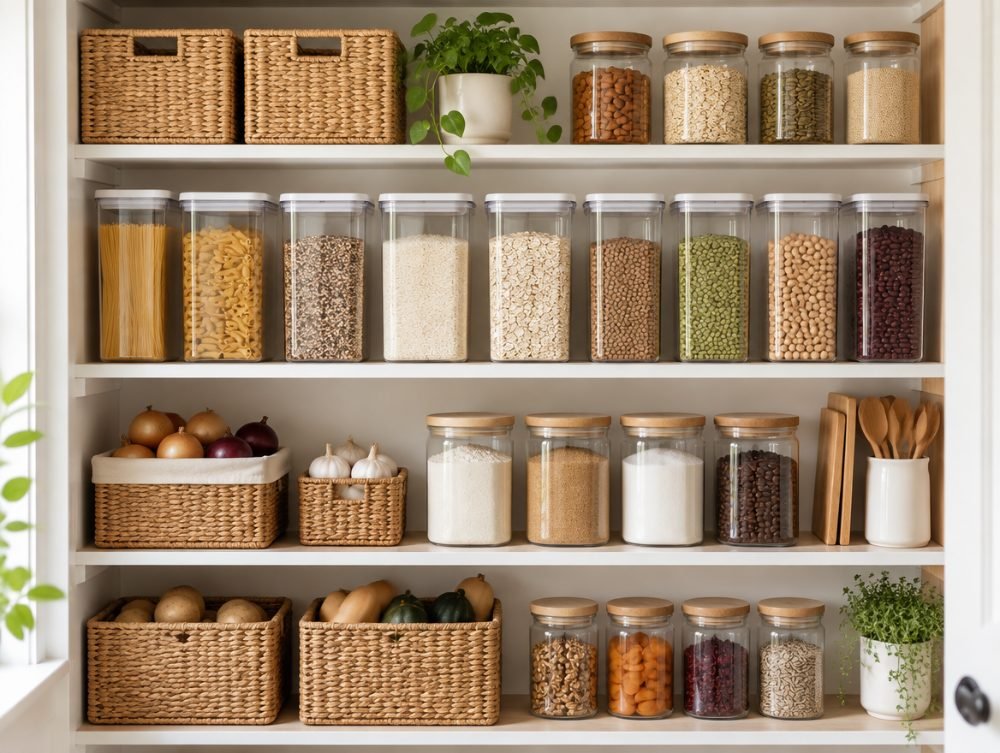 Organized pantry shelf with matching containers and baskets